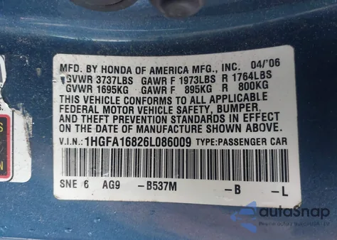 2006 Honda Civic Ex z USA, uszkodzony, nr VIN 1HGFA16826L086009